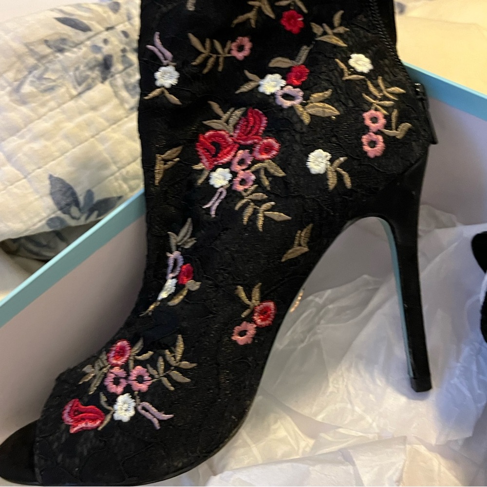 Betsy Johnson open toe embroidered booties.  New in box.  6 years old.